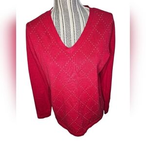 Tommy Hilfiger Women Red V-Neck Sweater with Studded Design Size M
